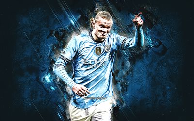 erling haaland, manchester city fc, norsk fotbollsspelare, blå stenbakgrund, grunge konst, premier league, engelska, fotboll