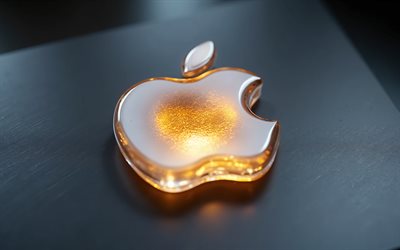 logotipo de cristal 3d de apple, 4k, fondo negro, logotipo brillante amarillo de apple, emblema de manzana, logotipo de manzana, fondo metalico, manzana