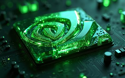 logo nvidia in vetro verde, 4k, scheda madre verde, logo nvidia verde brillante, emblema dell'nvidia, segno nvidia, il logo nvidia, sfondo di tecnologia verde, nvidia