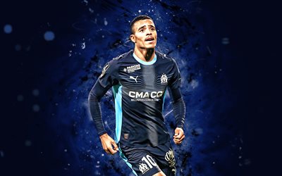 mason greenwood, 4k, alegria, fundo abstrato azul, marselha, liga 1, jogadores de futebol ingleses, mason greenwood 4k, futebol, olímpico de marselha, olympique de marselha fc, mason greenwood olympique de marselha