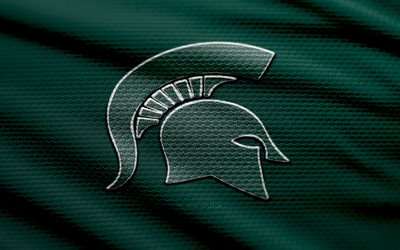 미시간 주립 스파르탄 패브릭 로고, 4k, 녹색 직물 배경, ncaaf, 보케, 미식 축구, 미시간 주립 스파르탄스 로고, ncaa, 미시간 주립 스파르탄의 상징, 빅텐, 미시간 주립 스파르탄스