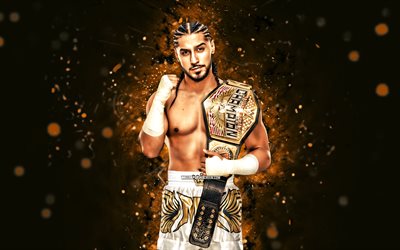 mustafa ali, 4k, orangefarbene neonlichter, wwe, kreativ, amerikanischer wrestler, adeel alam, mustafa ali mit gürtel, orangefarbener abstrakter hintergrund, world wrestling entertainment, ringer, mustafa ali 4k