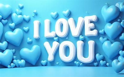 ich liebe dich, 4k, minimalismus, blaue 3d herzen, blauer hintergrund, grüße zum valentinstag, 14 februar, liebeskonzepte, 3d herzen, aufschrift „ich liebe dich“