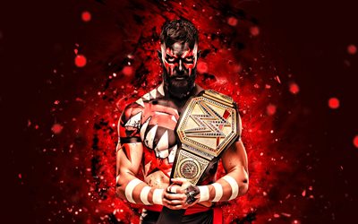 Demon Finn, 4k, red neon lights, WWE, creative, irish wrestler, Fergal Devitt, Demon Finn with belt, red abstract background, World Wrestling Entertainment, wrestlers, Demon Finn 4K