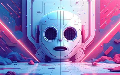 máscara 3d robot, 4k, creativo, obra de arte, cara extraterrestre, fondo abstracto colorido, máscara 3d, robots, arte de la cara