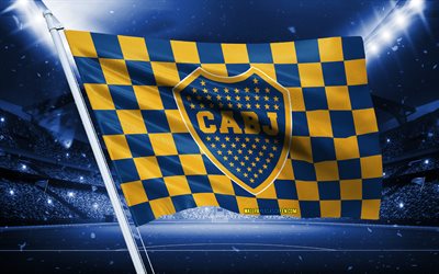 4k, Boca Juniors logo, Argentine football club, stadium flag, Boca Juniors fans flag, blue yellow flag, Boca Juniors emblem, Argentine Primera Division, Argentina, football, Boca Juniors