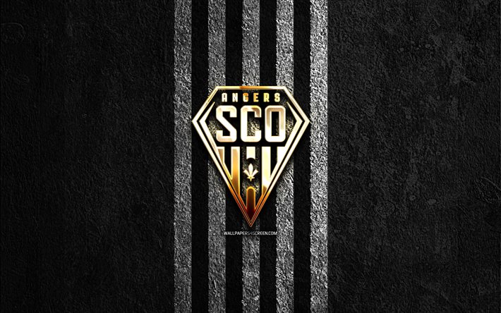 Angers SCO golden logo, 4k, black stone background, Ligue 1, french football club, Angers SCO logo, soccer, Angers SCO emblem, Angers SCO, football, Angers FC