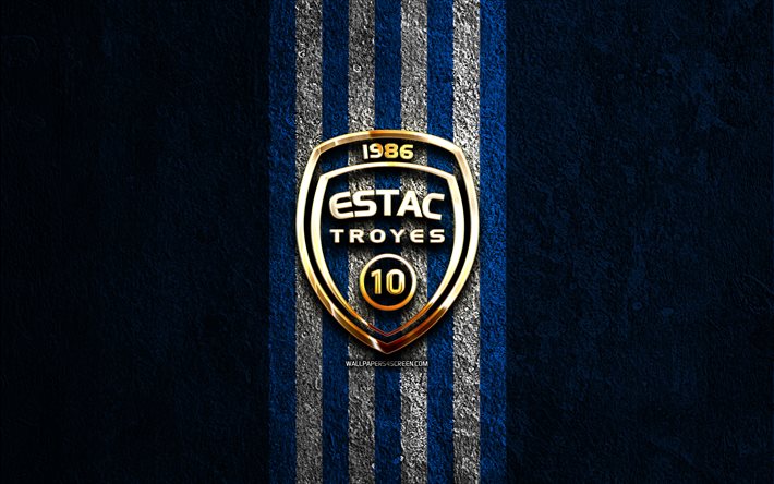 es troyes شعار ac الذهبي, 4k, الحجر الأزرق الخلفية, الدوري الفرنسي 1, نادي كرة القدم الفرنسي, شعار es troyes ac, كرة القدم, es troyes ac, تروا إف سي