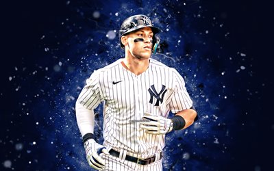 Aaron Judge, 4k, blue neon lights, New York Yankees, MLB, pitcher, Aaron Judge 4K, baseball, blue abstract background, Aaron Judge New York Yankees, NY Yankees