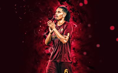 Chris Smalling, 4k, 2022, purple neon lights, AS Roma, soccer, Serie A, english footballers, Chris Smalling 4K, Roma FC, purple abstract background, football, Chris Smalling Roma