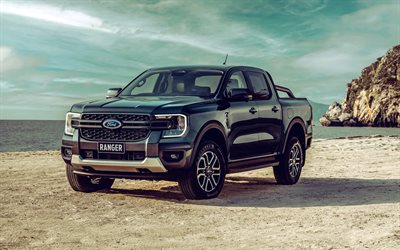 4k, ford ranger, playa, 2023 autos, offroad, negro ford ranger, camionetas, 2023 ford ranger, autos americanos, ford