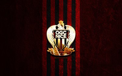 ogc nice kultainen logo, 4k, punainen kivi tausta, ligue 1, ranskalainen jalkapalloseura, ogc nice -logo, jalkapallo, ogc nice -tunnus, ogc nice, nice fc