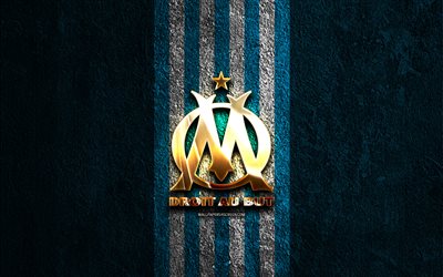 Olympique Marseille golden logo, 4k, blue stone background, Ligue 1, french football club, Olympique Marseille logo, soccer, Olympique Marseille emblem, OM, Olympique de Marseille, football, Olympique Marseille FC