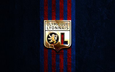 olympique lyonnais logo dorato, 4k, pietra blu sullo sfondo, ligue 1, squadra di calcio francese, logo olympique lyonnais, calcio, emblema olympique lyonnais, olympique lyonnais, lione fc