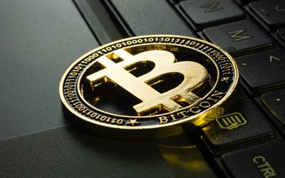 4k, bitcoin signe d'or, crypto-monnaie, pièce d'or bitcoin, arrière-plan avec signe bitcoin, logo bitcoin, clavier, monnaie électronique