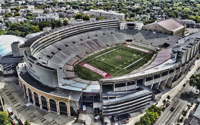 4k, Camp Randall Stadium, aerial view, Wisconsin Badgers Stadium, american football stadium, Madison, Wisconsin, University of Wisconsin, NCAA, american football, USA, Wisconsin Badgers