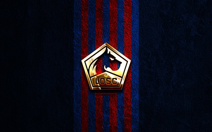 Lille OSC golden logo, 4k, blue stone background, Ligue 1, french football club, Lille OSC logo, soccer, Lille OSC emblem, Lille OSC, football, Lille FC