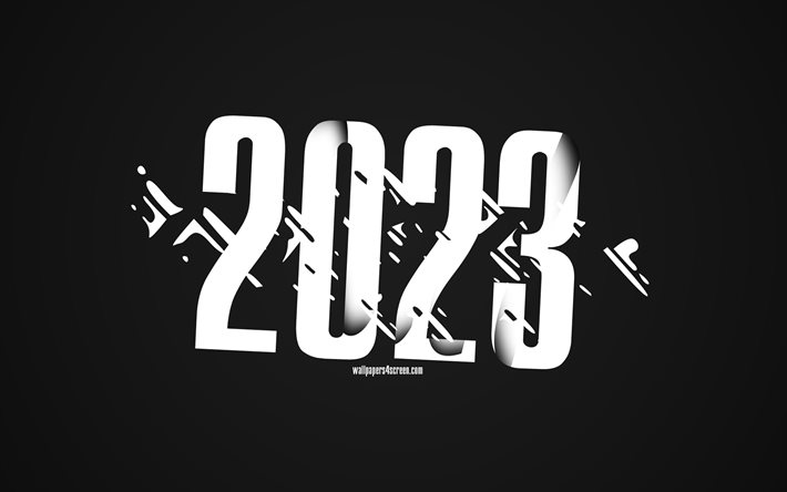 feliz ano novo 2023, 4k, fundo cinza, arte minimalista 2023, fundo cinza 2023, conceitos de 2023, 2023 feliz ano novo