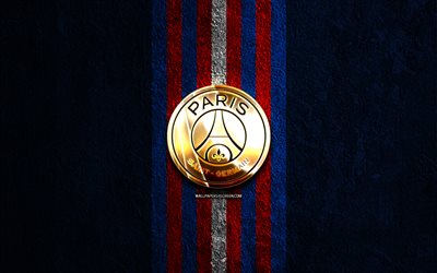 Paris Saint-Germain golden logo, 4k, blue stone background, Ligue 1, french football club, Paris Saint-Germain logo, soccer, Paris Saint-Germain emblem, Paris Saint-Germain, PSG, football, Paris Saint-Germain FC