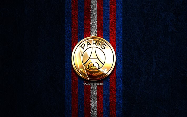 شعار باريس سان جيرمان الذهبي, 4k, الحجر الأزرق الخلفية, الدوري الفرنسي 1, نادي كرة القدم الفرنسي, شعار باريس سان جيرمان, كرة القدم, باريس سان جيرمان