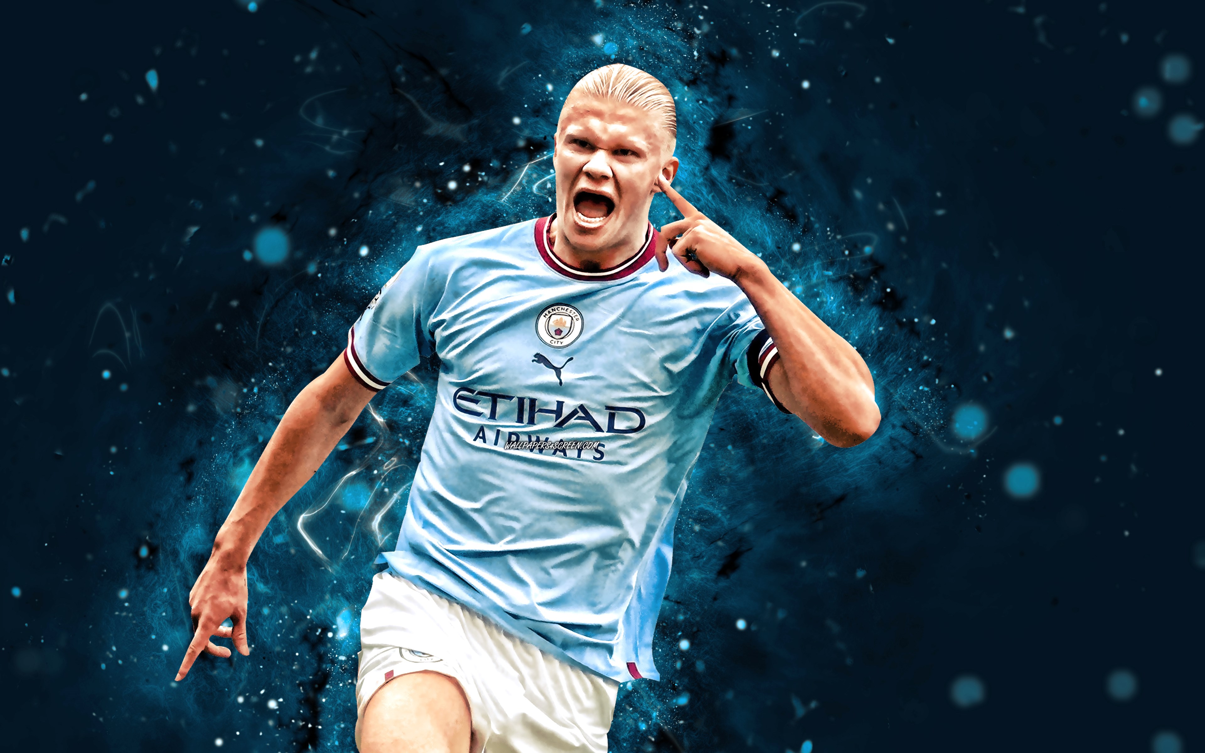 Download wallpapers Erling Haaland, 4k, 2022, Manchester City FC, blue