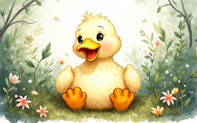 4k, pato, natureza abstrata, arte em aquarela, pássaros fofos, pintar arte, criativo, patos, pássaros de desenhos animados, pato fofo, obra de arte, pato de desenho animado