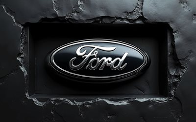 ford chromlogo, 4k, ford schild, schwarze wand, schwarzer steinhintergrund, ford logo aus metall, ford emblem, ford logo, amerikanische autos, ford