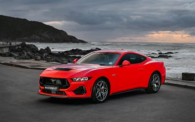 ford mustang gt, 4k, sahil, 2025 araba, süper arabalar, kırmızı ford mustang gt, karanlık, 2025 ford mustang gt, amerikan arabaları, ford