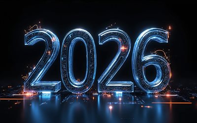 2026 Happy New Year, 4k, blue neon 2026 numbers, 2026 New Year, 2026 concepts, Happy New Year 2026, blue neon 2026 background