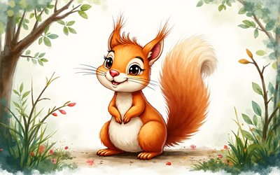 4k, ardilla, naturaleza abstracta, arte de la acuarela, animales lindos, pintar arte, creativo, ardillas, animales de dibujos animados, linda ardilla, obra de arte, ardilla de dibujos animados