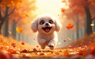 4k, 만화 시츄, 가을, 낙엽, 애니메이션 3d 동물, 보케, 행복한 동물, 3d 시추, 개, 3d 동물, 시츄, 애완동물, 만화 동물