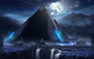 Pyramid, night, waterfall, artwork