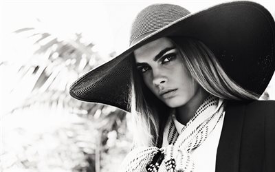 Cara Delevingne, 2018, monochrome, photoshoot, Hollywood, superstars, movie stars, british actress, girl in a hat, supermodels