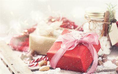 Christmas gifts, New Year, Christmas, red gift box, silk bow, blur, Christmas background, xmas