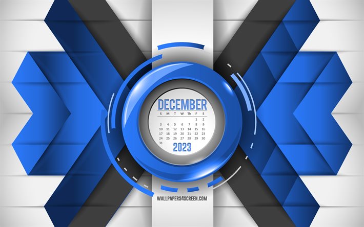 2023 joulukuun kalenteri, 4k, sininen abstrakti tausta, 2023 kalenterit, joulukuu, siniset viivat taustalla, joulukuun 2023 kalenteri, 2023 konseptit, joulukuun kalenteri 2023, kuukauden kalenterit