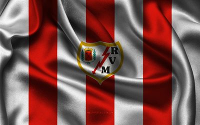 4k, rayo vallecano logotyp, rött vitt sidentyg, spanska fotbollslaget, rayo vallecano emblem, la liga, rayo vallecano, spanien, fotboll, rayo vallecano flagga