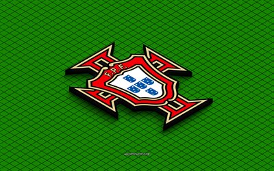 4k, logo isométrique de l'équipe nationale de football du portugal, art 3d, art isométrique, équipe du portugal de football, fond vert, le portugal, football, emblème isométrique