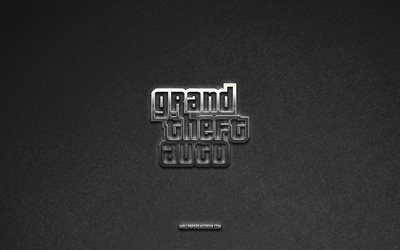 GTA logo, games brands, gray stone background, GTA emblem, games logos, GTA, games signs, GTA metal logo, stone texture, Grand Theft Auto