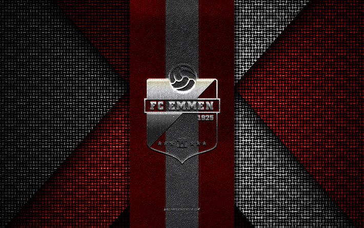 FC Emmen, Eredivisie, red white knitted texture, FC Emmen logo, Dutch football club, FC Emmen emblem, football, Emmen, Netherlands