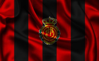 4k, logo rcd majorque, tissu de soie noir rouge, équipe espagnole de football, emblème du rcd majorque, la ligue, rcd majorque, espagne, football, drapeau rcd majorque
