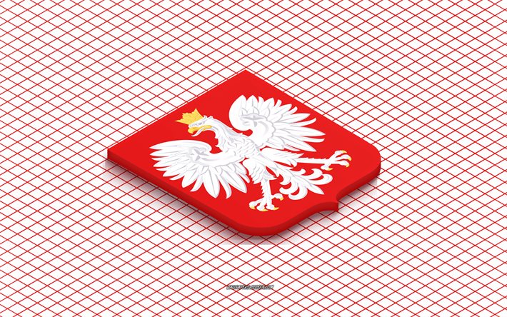 4k, isometrisches logo der polnischen fußballnationalmannschaft, 3d kunst, isometrische kunst, polnische fußballnationalmannschaft, roter hintergrund, polen, fußball, isometrisches emblem