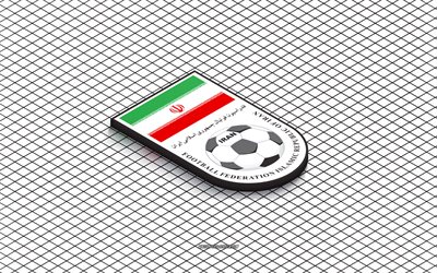 4k, logo isométrique de l'équipe nationale de football d'iran, art 3d, art isométrique, équipe d'iran de football, fond blanc, l'iran, football, emblème isométrique
