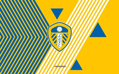 شعار leeds fc, 4k, فريق كرة القدم الإنجليزي, خطوط صفراء زرقاء الخلفية, ليدز إف سي, الدوري الممتاز, إنكلترا, فن الخط, شعار نادي ليدز, كرة القدم
