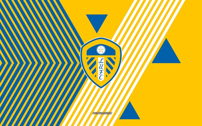 logo du fc leeds, 4k, équipe anglaise de football, fond de lignes bleues jaunes, leeds fc, première ligue, angleterre, dessin au trait, emblème du fc leeds, football