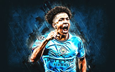Rico Lewis, Manchester City FC, portrait, English football player, defender, blue stone background, football, Premier League, England