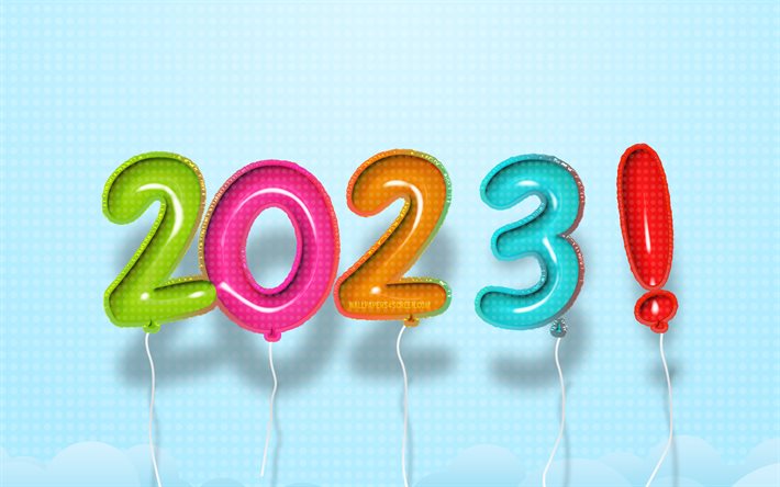 4k, 2023 hyvää uutta vuotta, värikkäitä realistisia ilmapalloja, abstrakteja pilviä, 2023 konseptit, 2023 ilmapallon numeroa, hyvää uutta vuotta 2023, luova, 2023 sininen tausta, 2023 vuosi, 2023 3d numerot