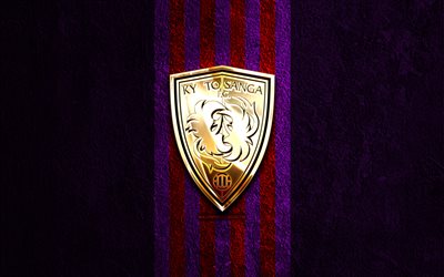 goldenes logo von kyoto sanga, 4k, violetter steinhintergrund, j1 liga, japanischer fußballverein, kyoto sanga logo, fußball, kyoto sanga emblem, kashiwa reysol, kyōto sanga fc