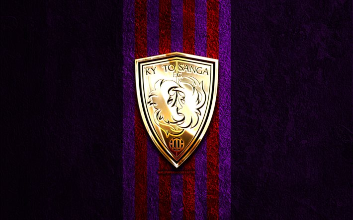 kyoto sangan kultainen logo, 4k, violetti kivi tausta, j1 liiga, japanilainen jalkapalloseura, kioto sangan logo, jalkapallo, kioto sangan tunnus, kashiwa reysol, kyoto sanga fc