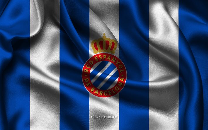 4k, logo rcd espanyol, tecido de seda branco azul, time de futebol espanhol, emblema do rcd espanyol, la liga, rcd espanyol, espanha, futebol, rcd espanyolflag