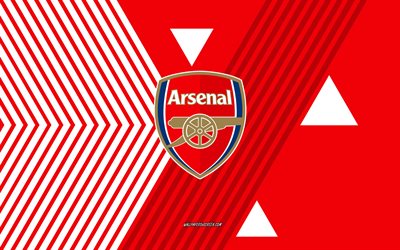 arsenal fc logo, 4k, englische fußballmannschaft, hintergrund mit roten und weißen linien, fc arsenal, erste liga, england, strichzeichnungen, arsenal fc emblem, fußball